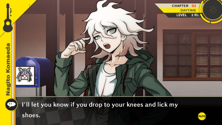 Komaeda looks disdainful as he says, ‘I’ll let you know if you drop to your knees and lick my shoes.’ 