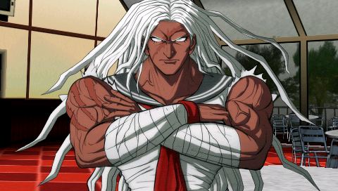 An extremely buff young woman, with white hair and an impressive scar across her face.